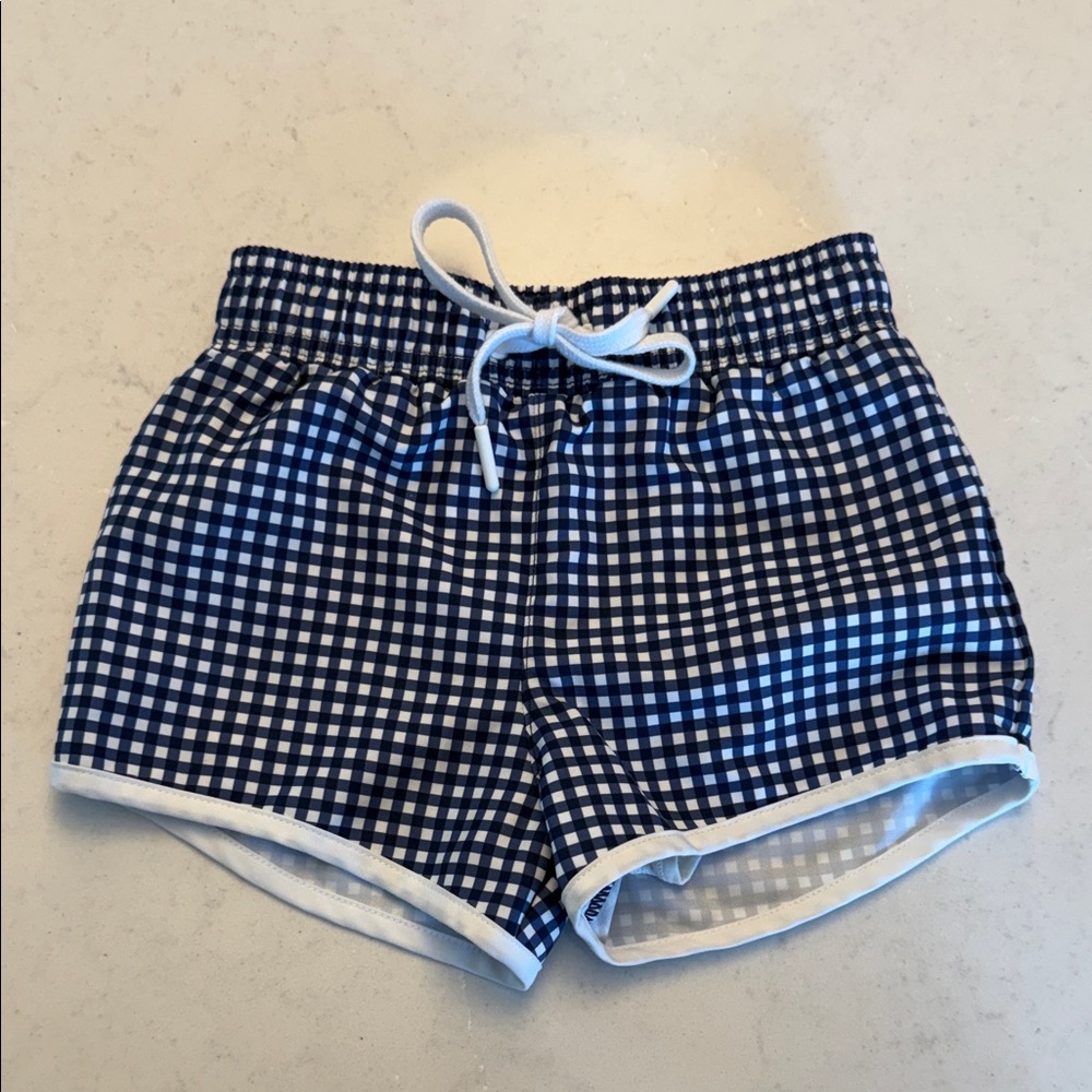Kids Navy Gingham Swim Trunks with White Drawstring